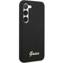 Заредете изображение във визуализатора на галерията – Guess GUHCS23SSLSMK S23 S911 black/black hardcase Silicone Vintage Gold Logo
