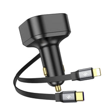 Заредете изображение във визуализатора на галерията – HOCO car charger with telescoping cable Type C + Lightning QC PD 30W NZ13 black
