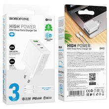 Заредете изображение във визуализатора на галерията – Borofone Wall charger BN12 Manager - USB + 2xType C - PD 65W 3A with Type C to Type C cable white
