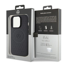 Заредете изображение във визуализатора на галерията – Original Case MERCEDES hardcase Star Pattern Leather MagSafe MEHMP15X23RGSK for Iphone 15 Pro Max Black
