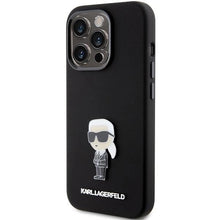 Заредете изображение във визуализатора на галерията – Karl Lagerfeld Silicone Ikonik Metal Pin case for iPhone 15 Pro - black
