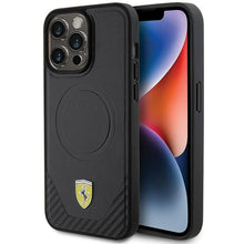 Заредете изображение във визуализатора на галерията – Original FERRARI hardcase Carbon Metal Logo Magsafe FEHMP15XPTEK for Iphone 15 Pro Max Black
