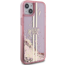 Заредете изображение във визуализатора на галерията – Original faceplate case GUESS GUHCP15MLFCSEGP for iPhone 15 Plus (Liquid Glitter Gold Stripes / pink)
