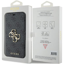 Заредете изображение във визуализатора на галерията – Original Case GUESS book 4G Metal Logo GUBKP15L4GMGGR for Iphone 15 Pro grey
