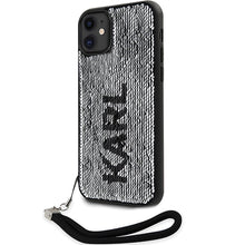Заредете изображение във визуализатора на галерията – Original Pouch KARL LAGERFELD hardcase Sequins Cord KLHCN61PSQRKS for Iphone 11/ Xr Silver
