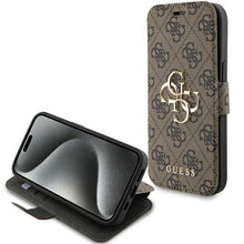 Заредете изображение във визуализатора на галерията – Original Case GUESS book 4G Metal Logo GUBKP15S4GMGBR for Iphone 13/14/15 brown
