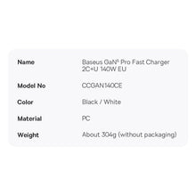 Заредете изображение във визуализатора на галерията – Baseus GaN5 Pro fast charger 2xUSB-C + USB 140W EU white (CCGP100202)
