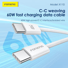 Заредете изображение във визуализатора на галерията – Foneng Cable X110 - Type C to Type C - PD 60W 3A 1,2 metres white
