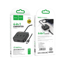 Заредете изображение във визуализатора на галерията – HOCO adapter HUB 4in1 USB to USB2.0*3+RJ45 100 Mbps Ethernet 1,2m HB35 black
