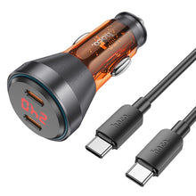 Заредете изображение във визуализатора на галерията – HOCO car charger 2 x Typ C QC 30W with digital display + cable Type C for Type C PD60W transparent orange
