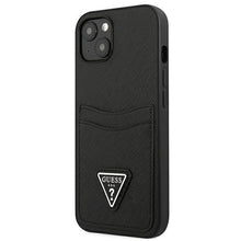 Заредете изображение във визуализатора на галерията – Original faceplate case GUESS GUHCP13MPSATPK for iPhone 13 (Saffiano Double Card Triangle / black)

