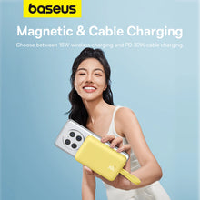 Заредете изображение във визуализатора на галерията – Baseus Magnetic Mini MagSafe 10000mAh 30W powerbank with built-in Lightning cable - yellow + Baseus Simple Series USB-C - USB-C 60W 0.3m cable
