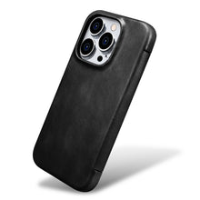 Заредете изображение във визуализатора на галерията – MagSafe Compatible Leather Flip Case for iPhone 15 Pro iCarer Curved Edge Oil Wax Real Leather Folio Case - Black
