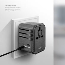Заредете изображение във визуализатора на галерията – Uniq Load. network. Voyage World Adapter 33W + 2xUSB + PD 18W + QC 3.0 grey/charcoal gray (LITHOS Collective)
