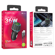 Заредете изображение във визуализатора на галерията – Borofone Car charger BZ21A Brilliant - 2xUSB - QC 3.0 36W with USB to Micro USB cable black

