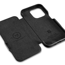 Заредете изображение във визуализатора на галерията – MagSafe Compatible Leather Flip Case for iPhone 15 Pro iCarer Curved Edge Oil Wax Real Leather Folio Case - Black
