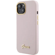 Заредете изображение във визуализатора на галерията – Guess Silicone Script Metal Logo &amp; Frame case for iPhone 15 - pink
