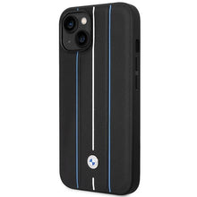 Заредете изображение във визуализатора на галерията – Case BMW BMHCP14S22RVSK iPhone 14 6.1" black/black hardcase Leather Stamp Blue Lines
