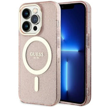 Заредете изображение във визуализатора на галерията – Original Case GUESS hardcase Glitter Gold MagSafe GUHMP14LHCMCGP for Iphone 14 Pro pink
