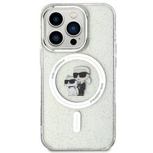 Заредете изображение във визуализатора на галерията – Original Pouch KARL LAGERFELD hardcase Karl&amp;Choupette Glitter MagSafe KLHMP15LHGKCNOT for Iphone 15 Pro transparent
