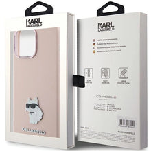 Заредете изображение във визуализатора на галерията – Karl Lagerfeld Silicone Choupette Metal Pin case for iPhone 15 Pro Max - pink
