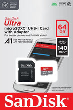 Заредете изображение във визуализатора на галерията – SANDISK ULTRA  A1 Memory MicroSDXC Card - 64GB 140MB/s Class 10 UHS-I + adapter
