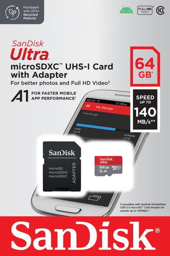 SANDISK ULTRA  A1 Memory MicroSDXC Card - 64GB 140MB/s Class 10 UHS-I + adapter