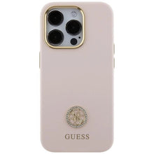 Заредете изображение във визуализатора на галерията – Guess Silicone Logo Strass 4G case for iPhone 15 Pro - light pink
