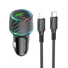 Заредете изображение във визуализатора на галерията – Borofone Car charger BZ21 Brilliant - USB + Type C - QC 3.0 PD 48W with Type C to Lightning cable black
