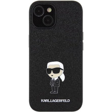 Заредете изображение във визуализатора на галерията – Karl Lagerfeld Fixed Glitter Ikonik Logo Metal Pin case for iPhone 15 - black
