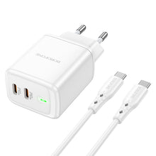 Заредете изображение във визуализатора на галерията – Borofone Wall charger BN9 Reacher - 2xType C - QC 3.0 PD 35W with Type C to Type C cable white
