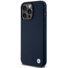 Заредете изображение във визуализатора на галерията – BMW Silicone Metal Logo case for iPhone 15 Pro - navy blue
