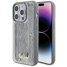 Заредете изображение във визуализатора на галерията – Guess Sequin Script Metal case for iPhone 15 Pro - silver
