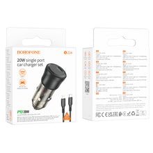 Заредете изображение във визуализатора на галерията – Borofone Car charger BZ24 Clever - Type C - QC 3.0 PD 20W with Type C to Lightning cable black
