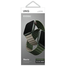 Заредете изображение във визуализатора на галерията – Uniq band Revix Apple Watch Series 1/2/3/4/5/6/7/8/SE/SE2 38/40/41mm. Reversible Magnetic green-dark grey/green-taupe
