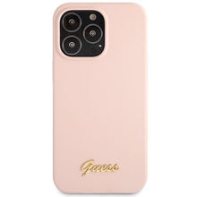 Заредете изображение във визуализатора на галерията – Guess GUHCP13XLSLMGLP iPhone 13 Pro Max 6.7" light pink/light pink hardcase Silicone Script Gold Logo
