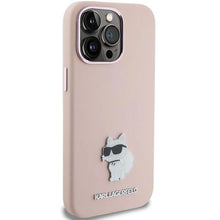 Заредете изображение във визуализатора на галерията – Karl Lagerfeld Silicone Choupette Metal Pin case for iPhone 15 Pro Max - pink
