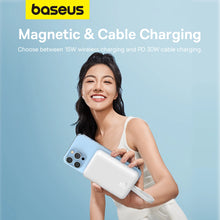 Заредете изображение във визуализатора на галерията – Baseus Magnetic Mini MagSafe 10000mAh 20W powerbank with built-in Lightning cable - white + Baseus Simple Series USB-C - USB-C 60W 0.3m cable
