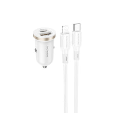 Заредете изображение във визуализатора на галерията – Borofone Car charger BZ22 Scenery - USB + Type C - QC 3.0 PD 30W with Type C to Lightning cable white
