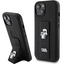 Заредете изображение във визуализатора на галерията – Karl Lagerfeld Gripstand Saffiano Karl&amp;Choupette Pins case for iPhone 15 Plus / 14 Plus - black
