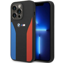 Заредете изображение във визуализатора на галерията – Case BMW BMHCP14L22SCSK iPhone 14 Pro 6.1" black/black Silicone Blue&amp;Red Stripes M Collection
