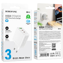 Заредете изображение във визуализатора на галерията – Borofone Wall charger BN12 Manager - USB + 2xType C - PD 65W 3A white
