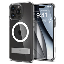 Заредете изображение във визуализатора на галерията – Spigen Ultra Hybrid S MagSafe case with stand for iPhone 15 Pro - transparent

