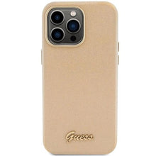 Заредете изображение във визуализатора на галерията – Guess Glitter Glossy Script case for iPhone 15 Pro Max - gold
