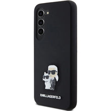 Заредете изображение във визуализатора на галерията – Karl Lagerfeld Silicone Karl&amp;Choupette Metal Pin case for Samsung Galaxy S23 - black
