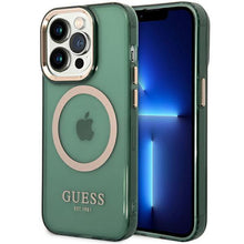 Заредете изображение във визуализатора на галерията – Guess GUHMP14XHTCMA iPhone 14 Pro Max 6.7" green/khaki hard case Gold Outline Translucent MagSafe
