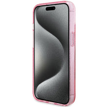Заредете изображение във визуализатора на галерията – Original faceplate case GUESS GUHMP15SHRSGSP for iPhone 15 Plus (Magsafe / Glitter Script Logo / Ring stand / pink)
