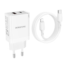 Заредете изображение във визуализатора на галерията – Borofone Wall charger BN16 Tough - USB + Type C - PD 45W 3A with Type C to Lightning cable white
