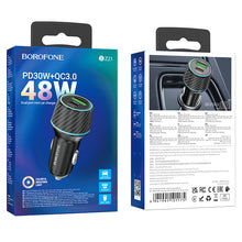 Заредете изображение във визуализатора на галерията – Borofone Car charger BZ21 Brilliant - USB + Type C - QC 3.0 PD 48W black
