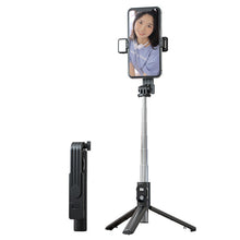 Заредете изображение във визуализатора на галерията – Selfie Stick - with detachable bluetooth remote control, tripod and LED light - P20S-1 BLACK
